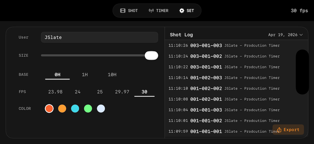 Settings and shot log
